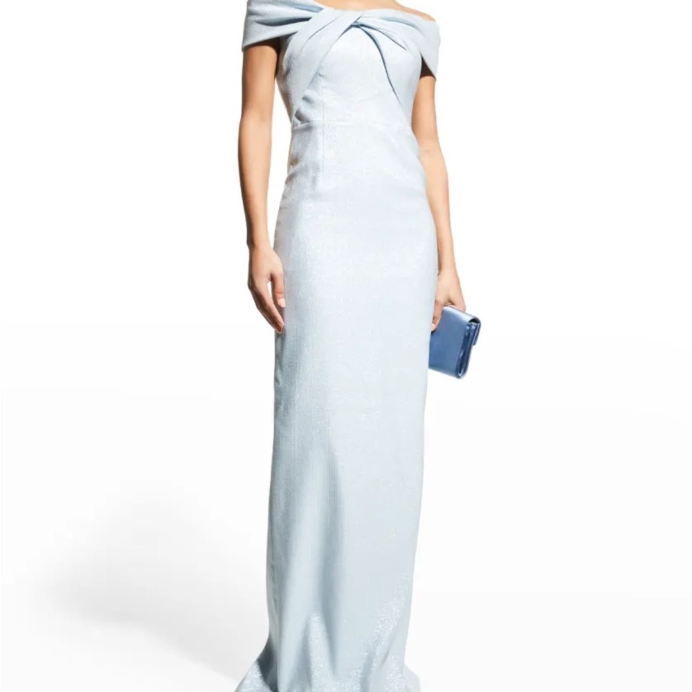 Rickie Freeman for Teri Jon Jacquard Off-Shoulder Twist Gown